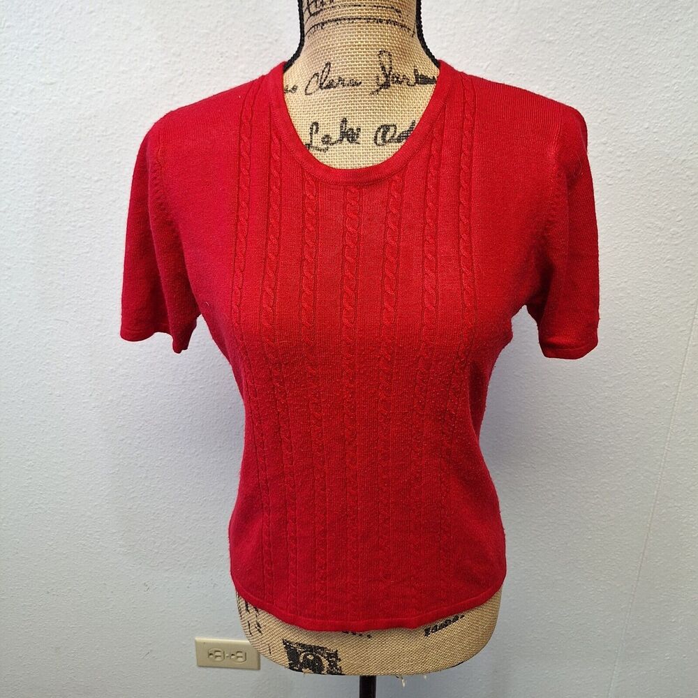 Laura Scott Short Sleeve Crew Neck Sweater Acrylic Stretch Top Red Size M